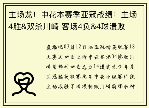主场龙！申花本赛季亚冠战绩：主场4胜&双杀川崎 客场4负&4球溃败