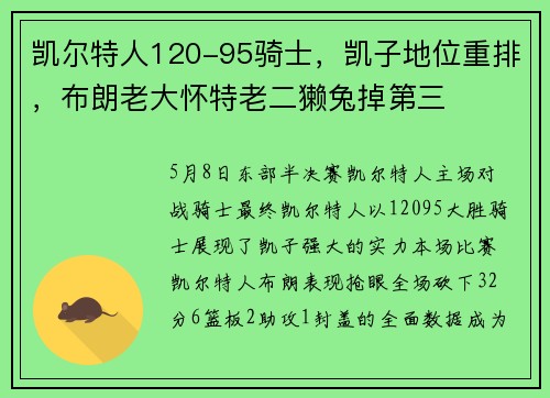 凯尔特人120-95骑士，凯子地位重排，布朗老大怀特老二獭兔掉第三