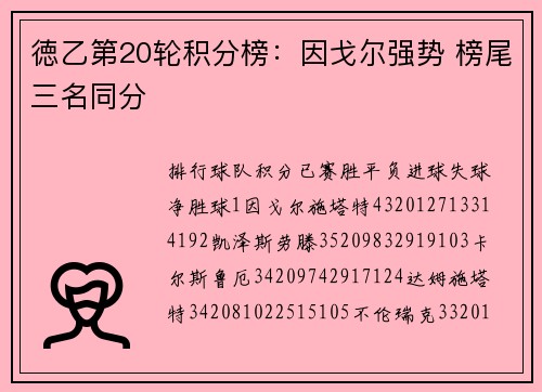 徳乙第20轮积分榜：因戈尔强势 榜尾三名同分