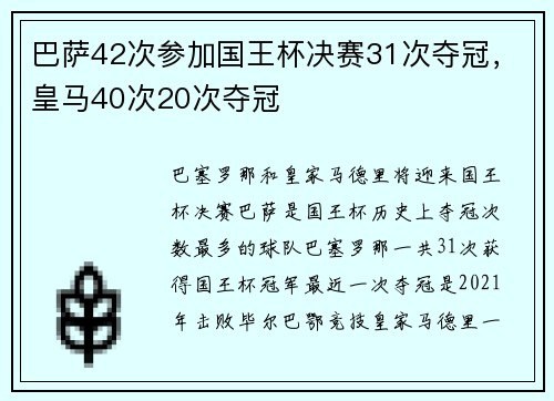 巴萨42次参加国王杯决赛31次夺冠，皇马40次20次夺冠
