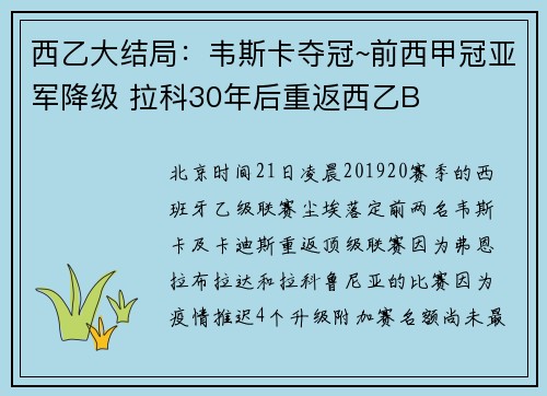 西乙大结局：韦斯卡夺冠~前西甲冠亚军降级 拉科30年后重返西乙B